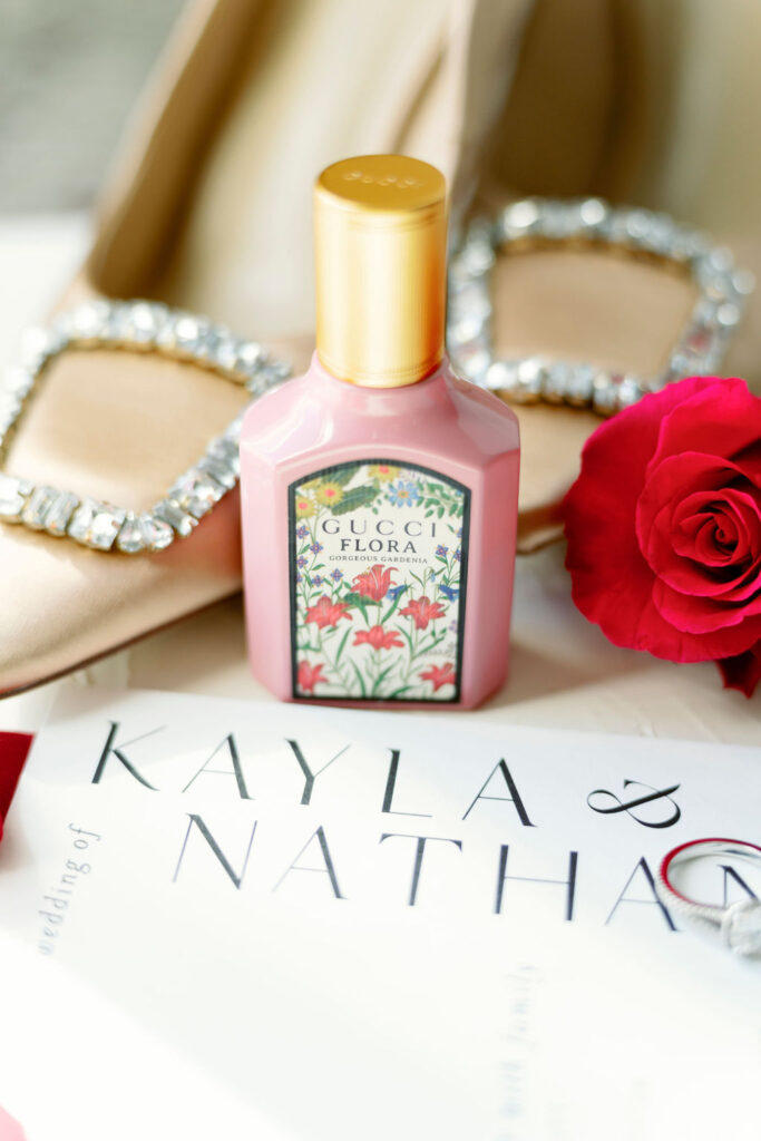 Flat lay of bridal accessories for wedding photo checklist