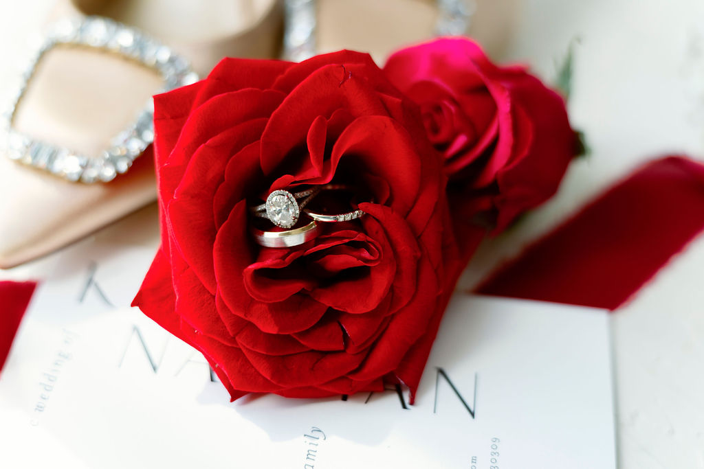 Flat lay of bridal accessories for wedding photo checklist