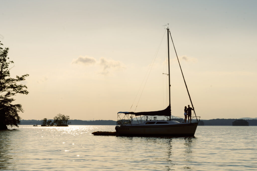 Engagement photo session planning at golden hour at lake lanier