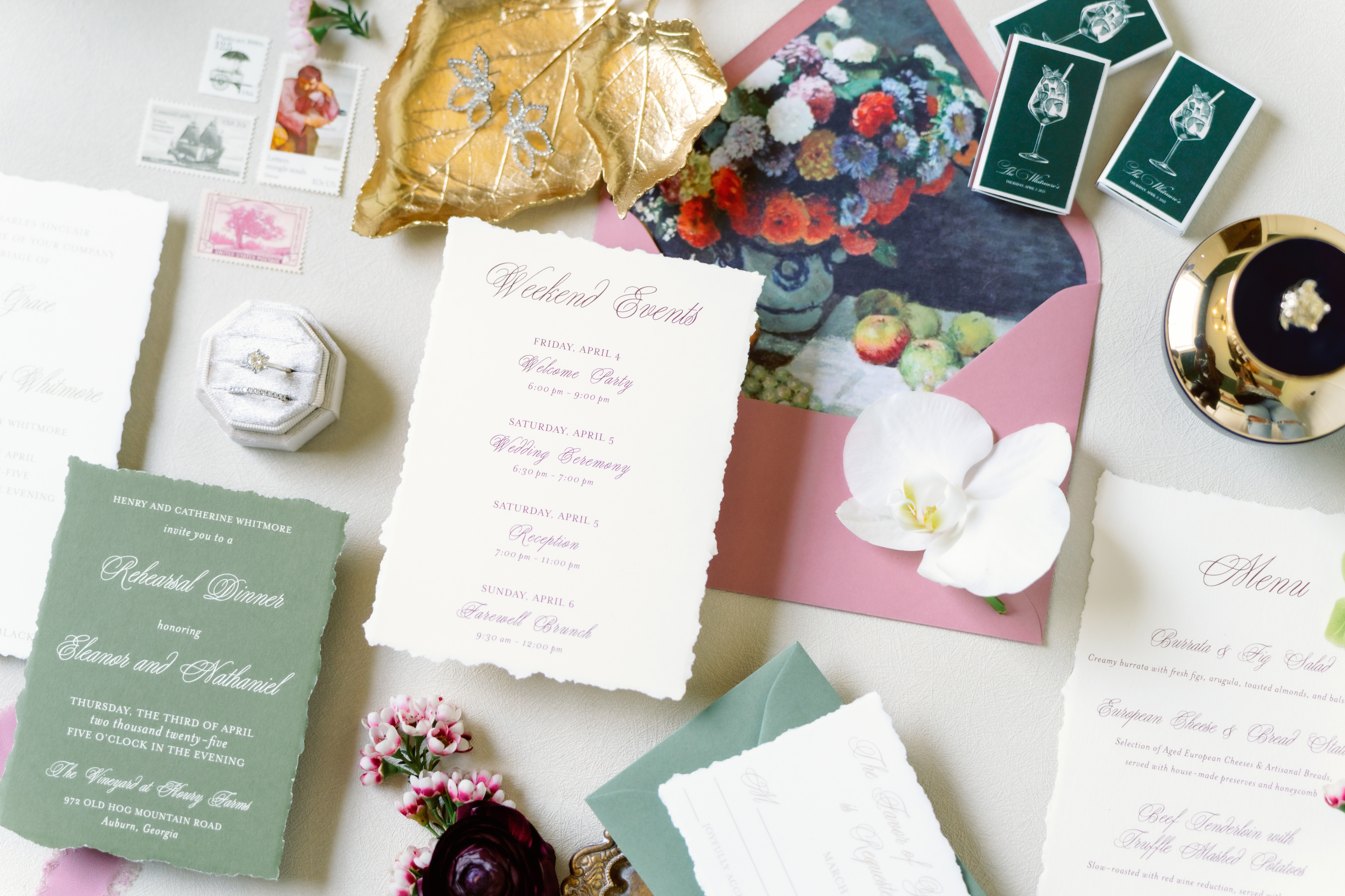 Flat lay of bridal accessories for wedding photo checklist