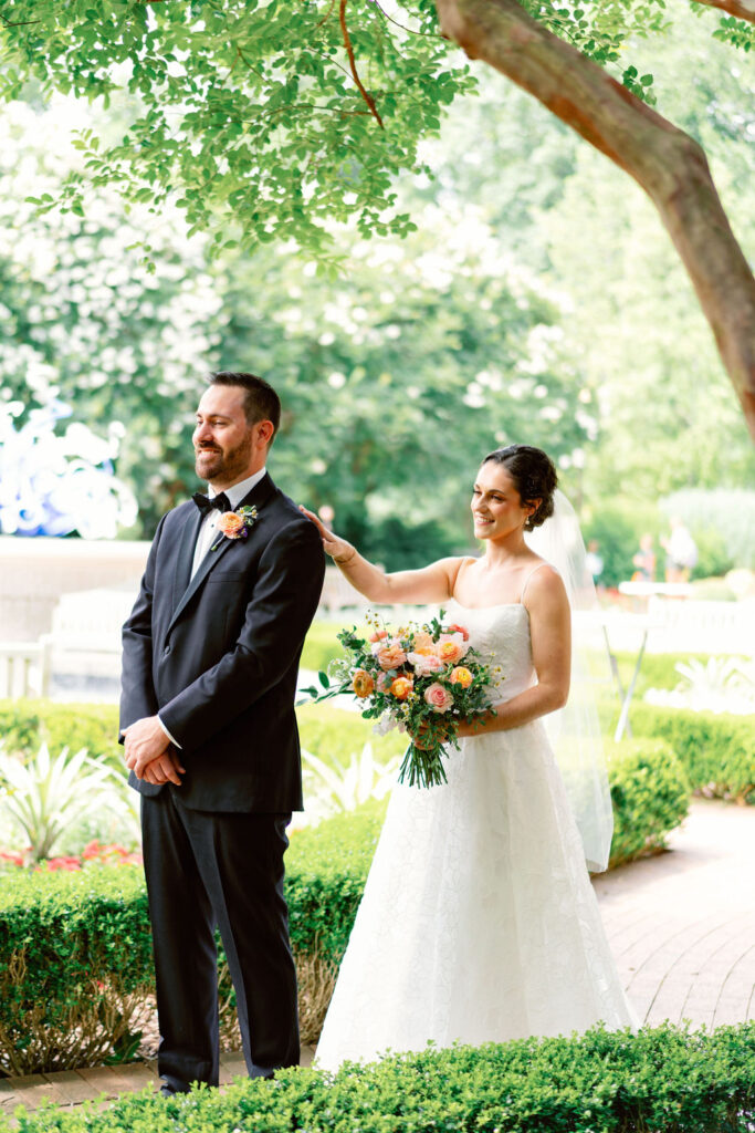 Bride and groom first look at Atlanta wedding reception timeline