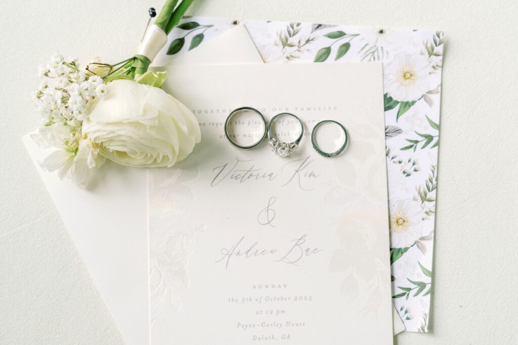 Wedding morning detail shot with dress, rings, and invitations – getting ready timeline