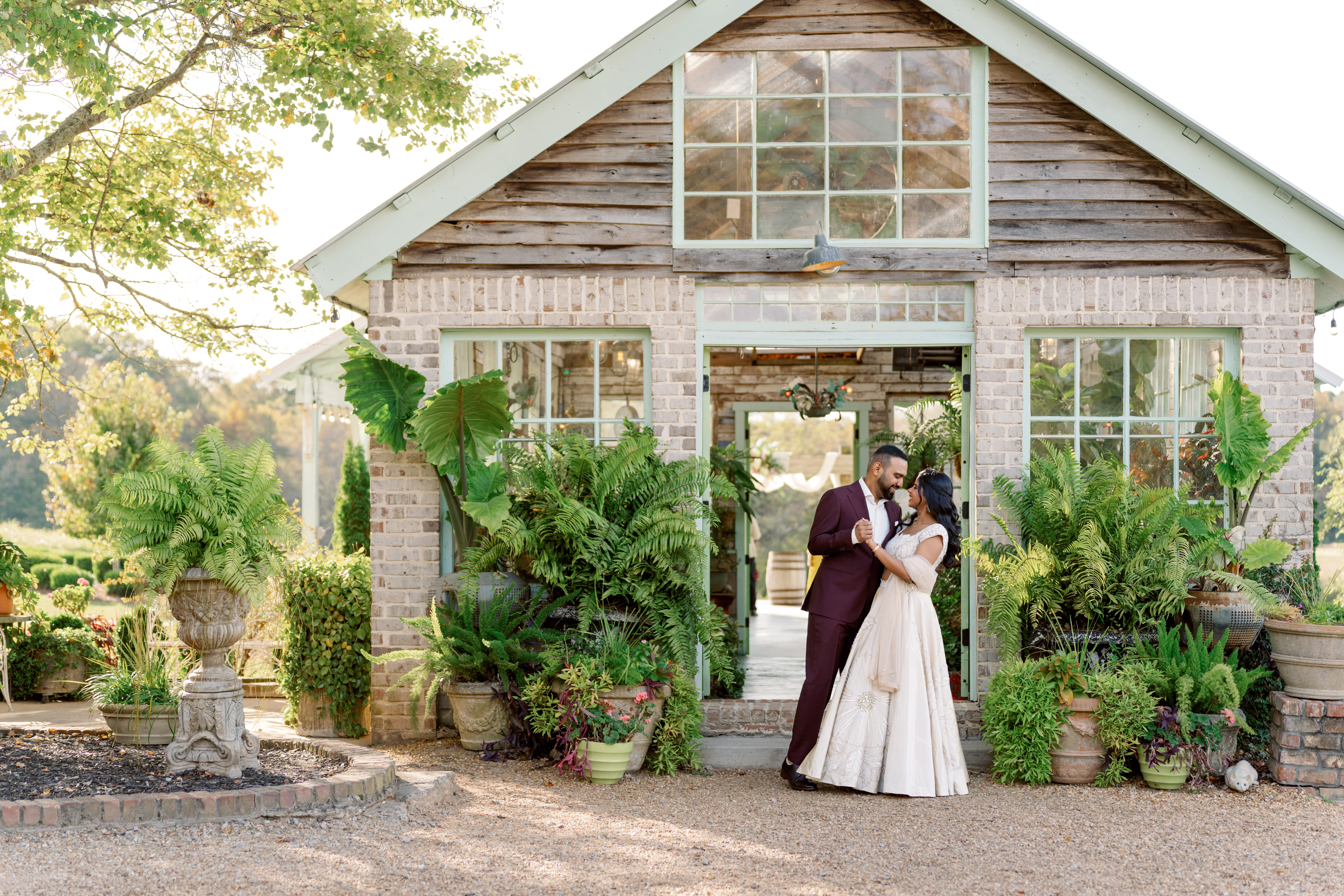 Bride and groom dancing at golden hour during their wedding day timeline for stress-free photos in Georgia.