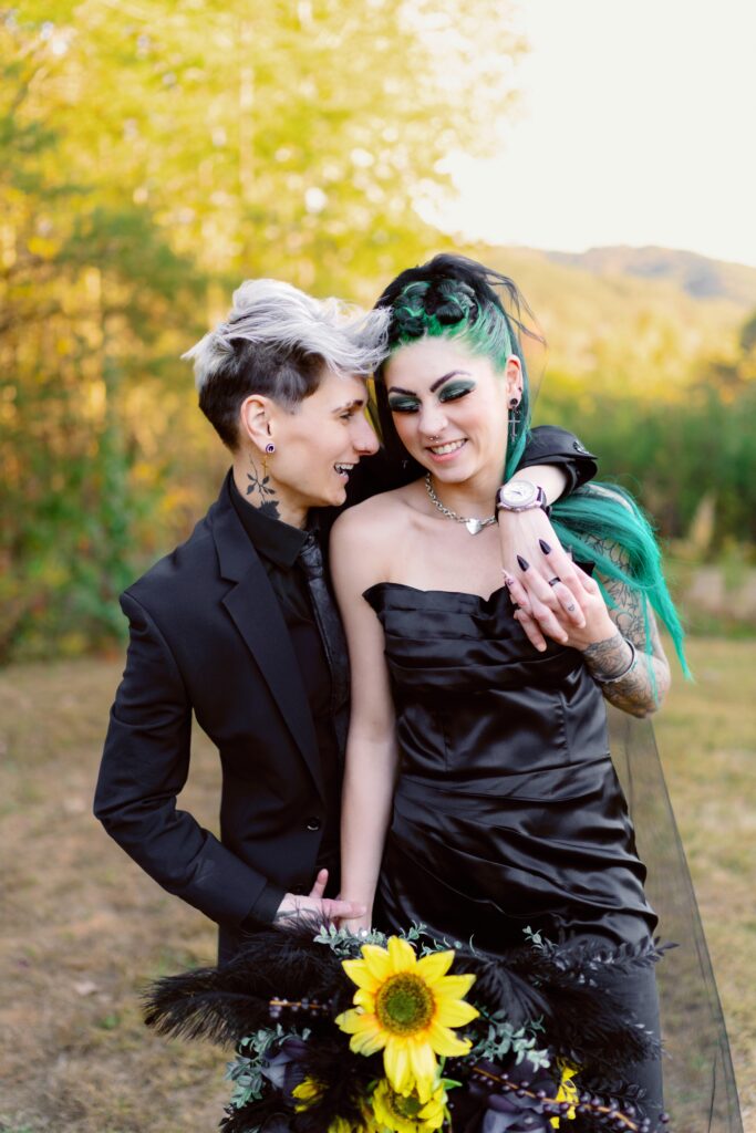 Brides seeing each other for the first time at their fall wedding in Georgia | Queer wedding photography