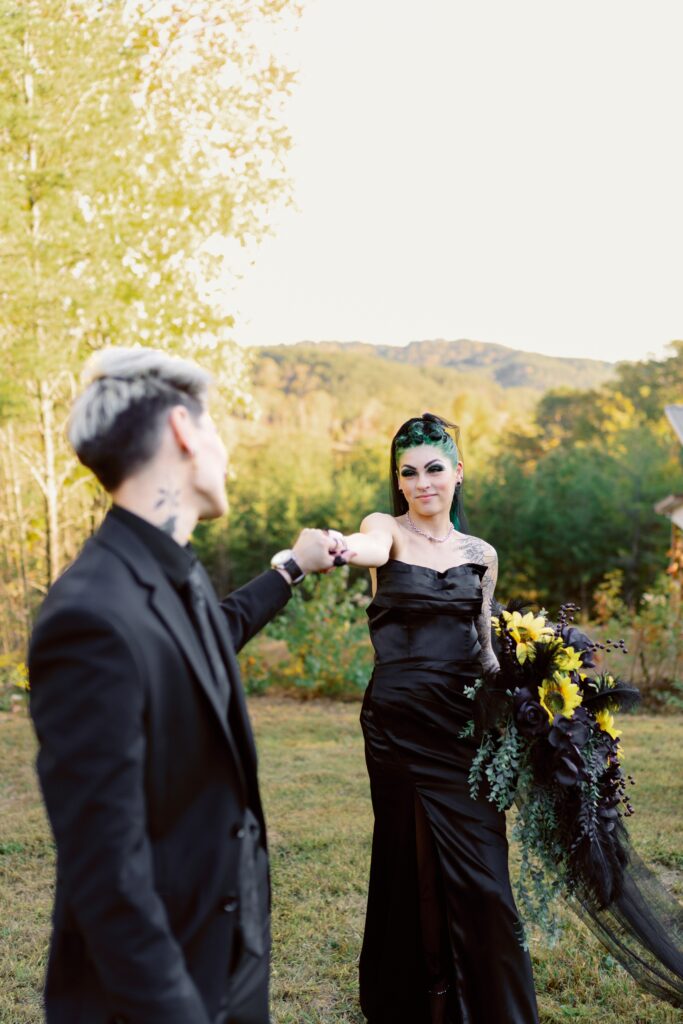 Brides seeing each other for the first time at their fall wedding in Georgia | Queer wedding photography