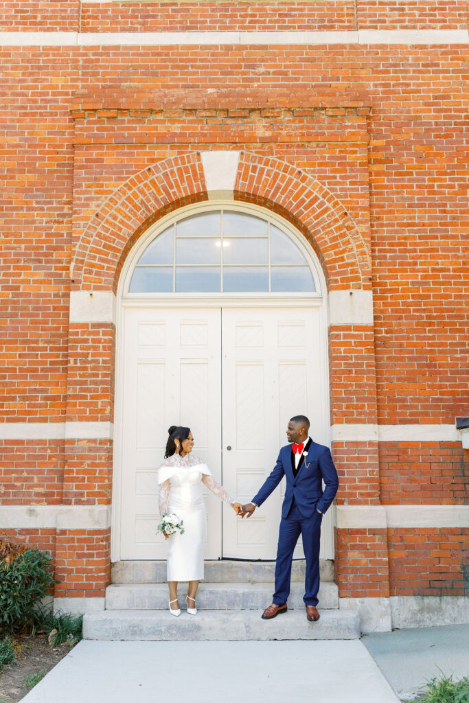 Bride and groom at Gwinnett Historic Courthouse in Lawrenceville