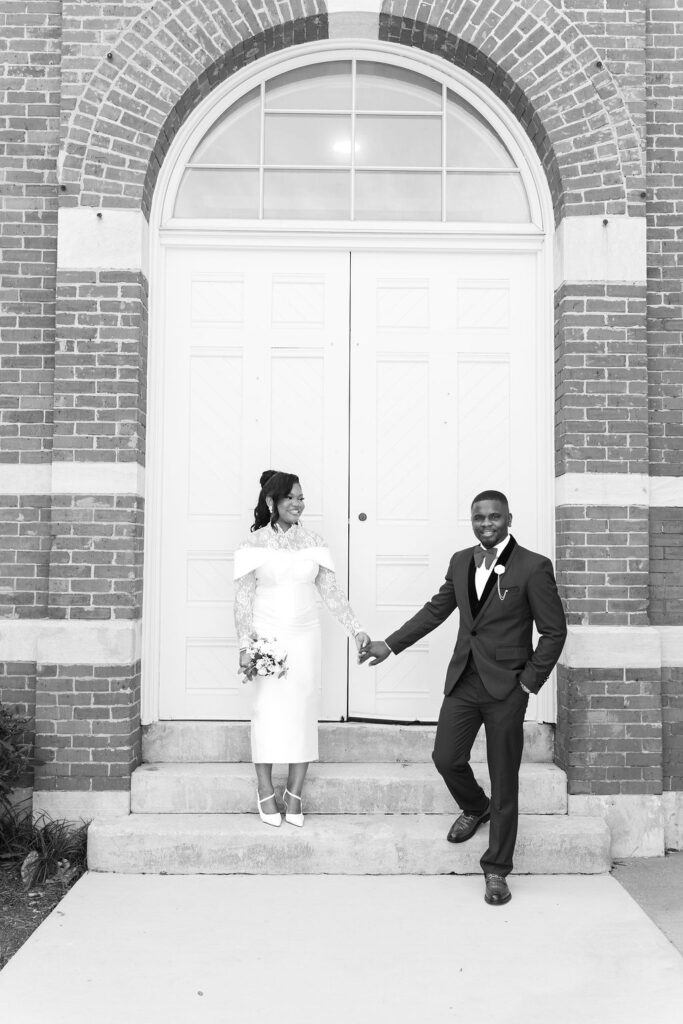 Bride and groom at Gwinnett Historic Courthouse in Lawrenceville