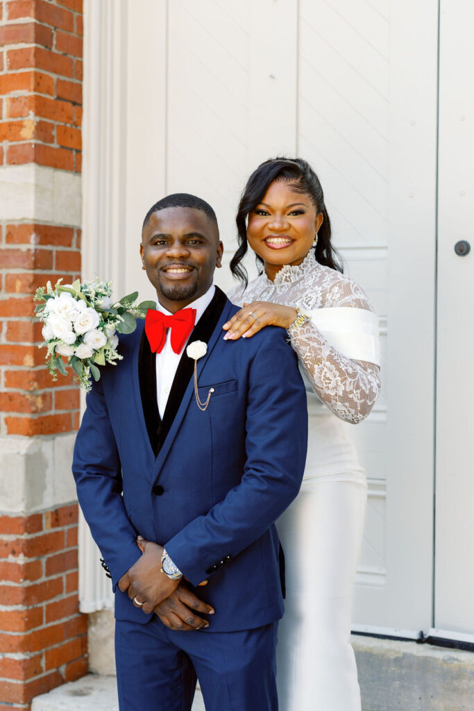 Bride and groom at Gwinnett Historic Courthouse in Lawrenceville