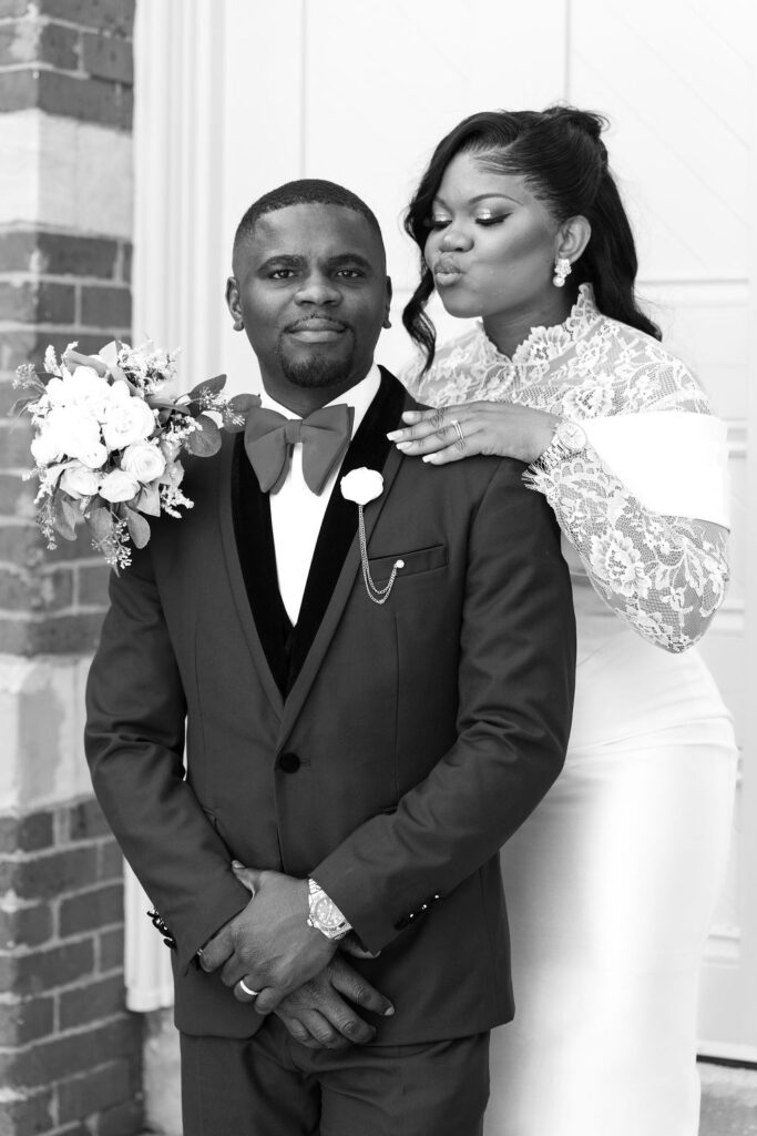 Bride and groom at Gwinnett Historic Courthouse in Lawrenceville