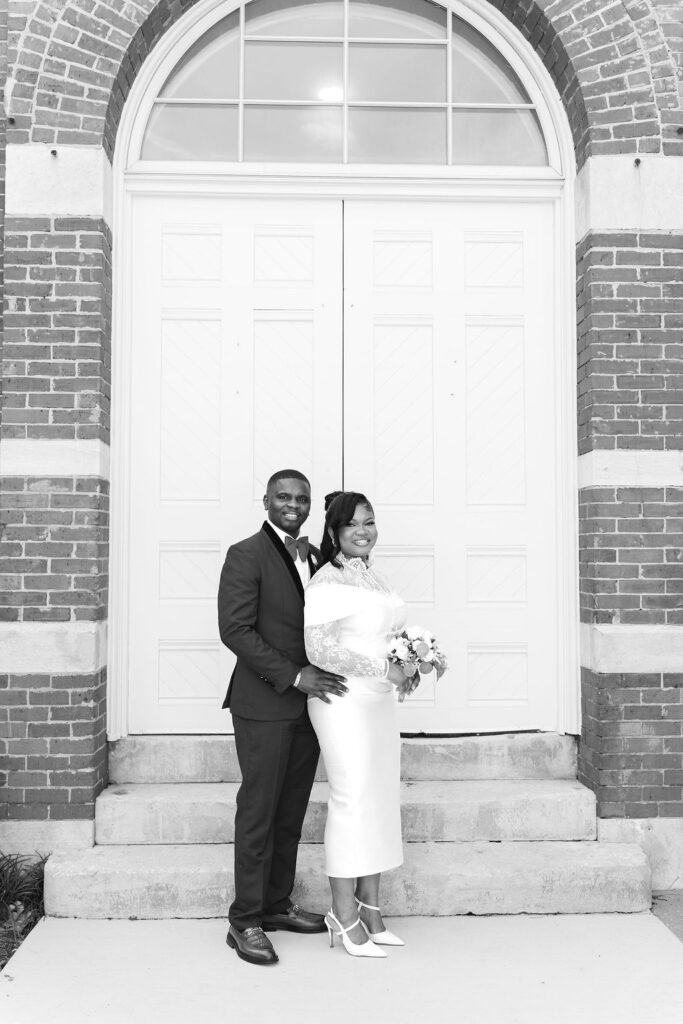 Bride and groom at Gwinnett Historic Courthouse in Lawrenceville