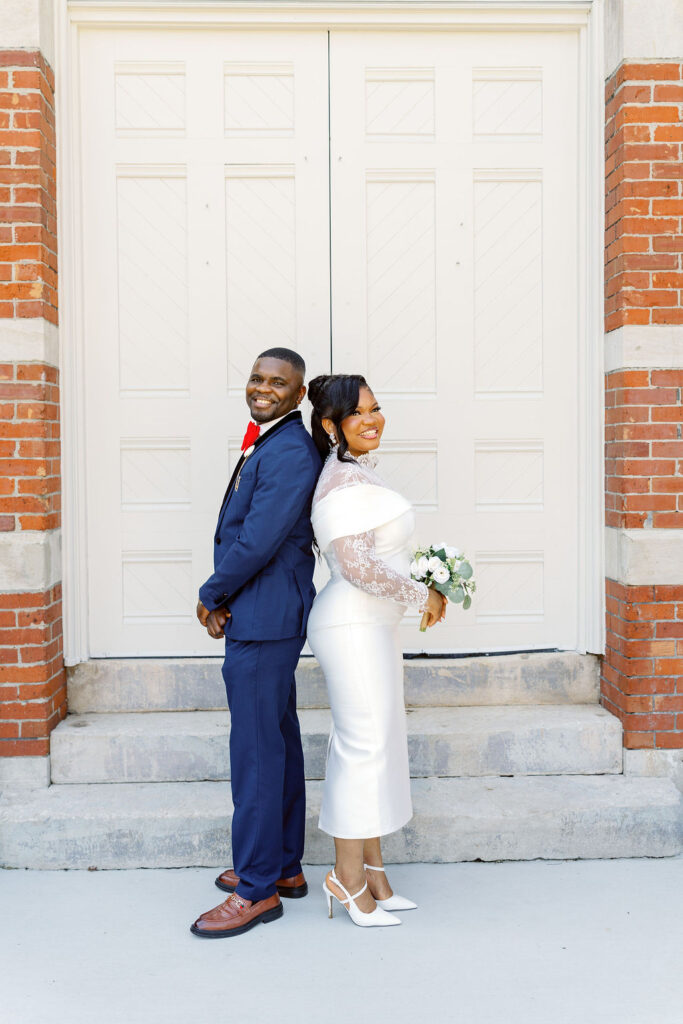 Bride and groom at Gwinnett Historic Courthouse in Lawrenceville