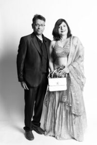 Elegant black and white photobooth portrait of wedding guests in Atlanta
