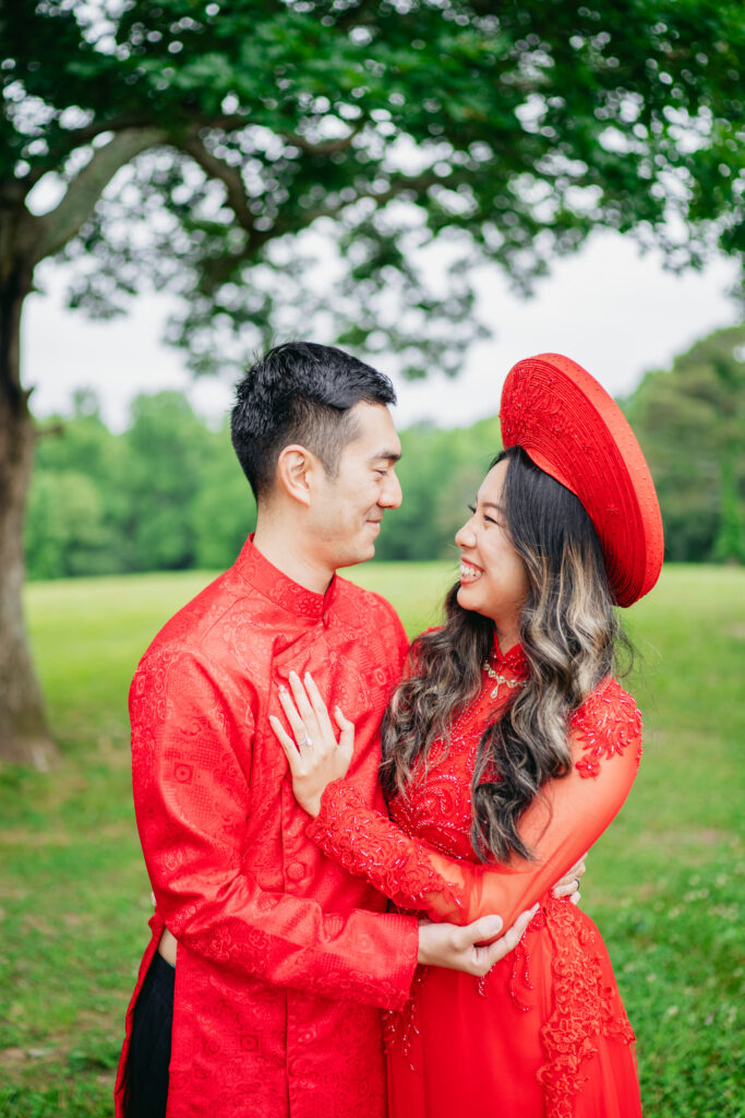 Couple during romantic engagement session in Buford Georgia