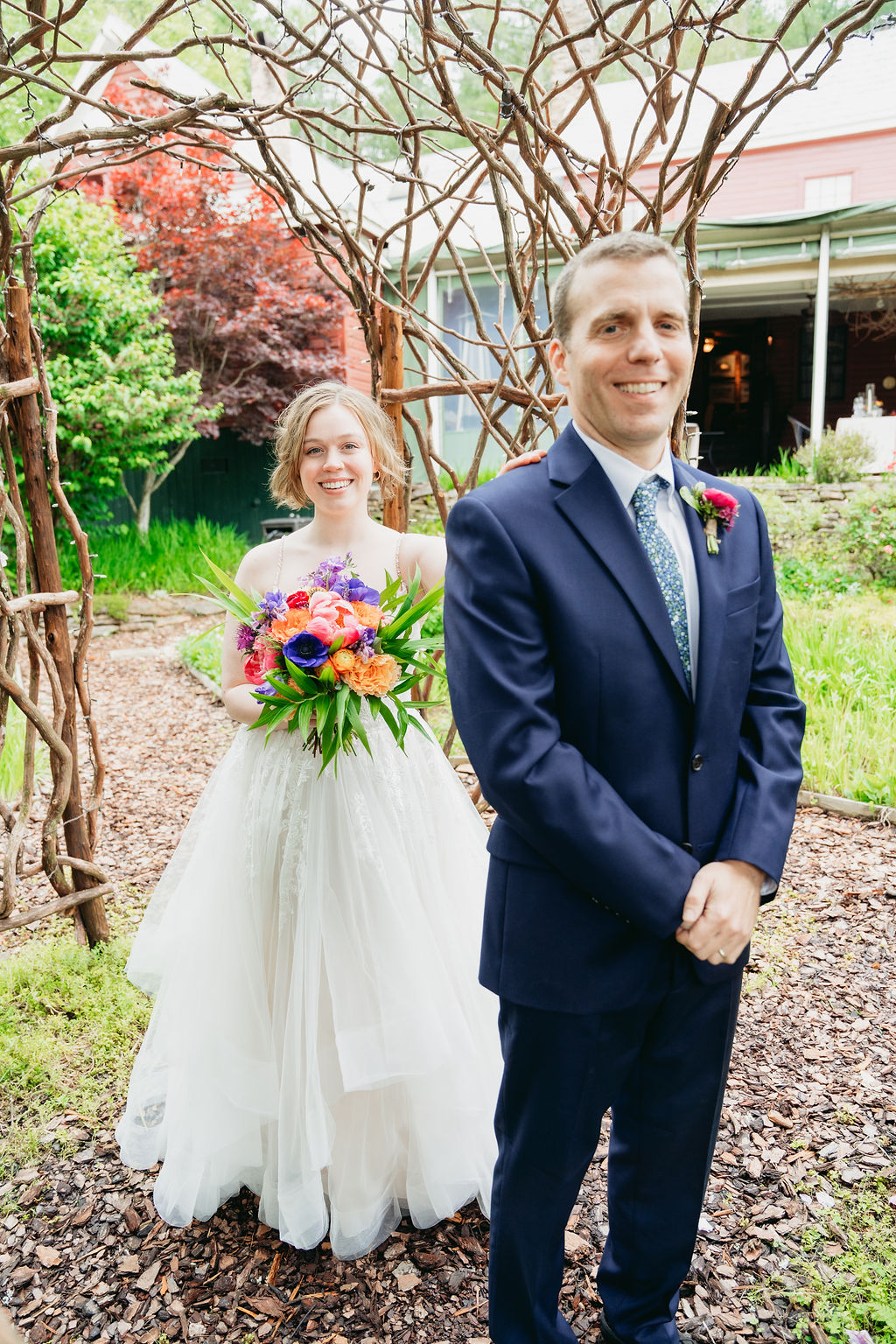 First look in the garden at Glen-Ella Springs wedding in North Georgia

