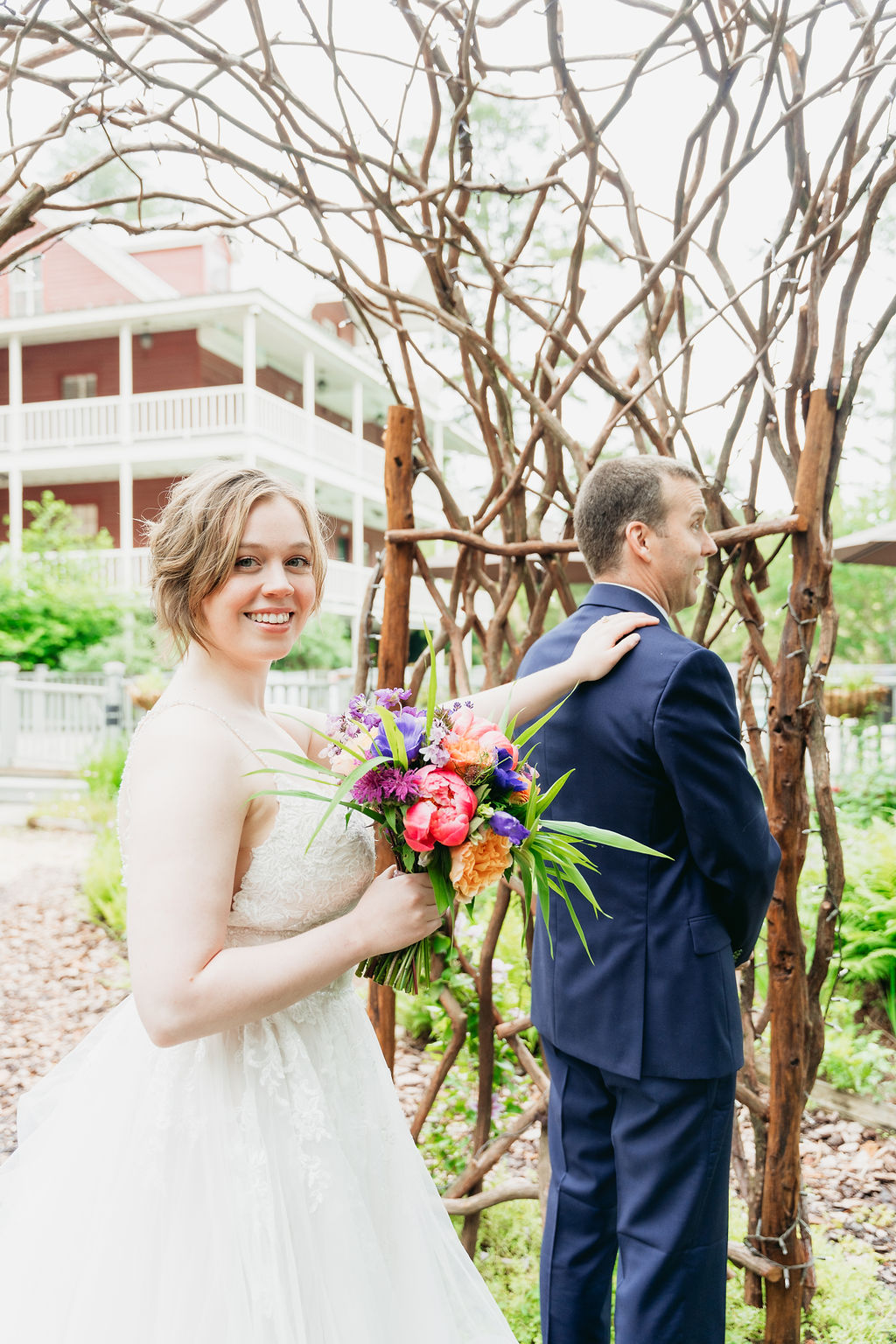 First look in the garden at Glen-Ella Springs wedding in North Georgia

