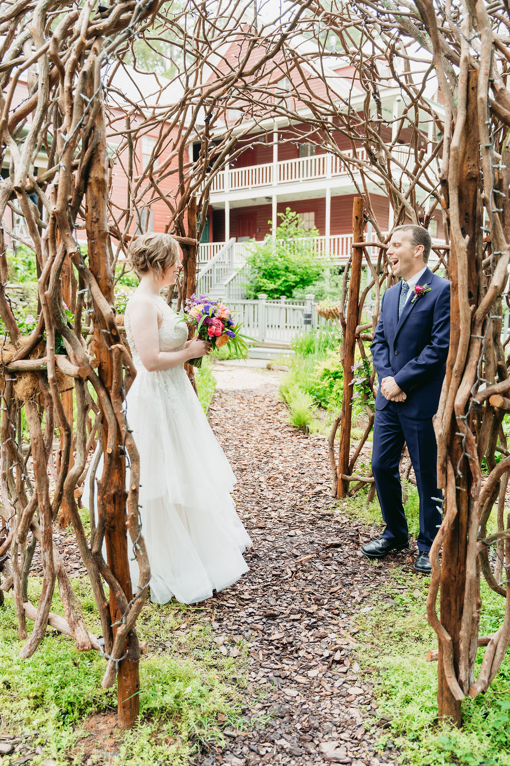 First look in the garden at Glen-Ella Springs wedding in North Georgia

