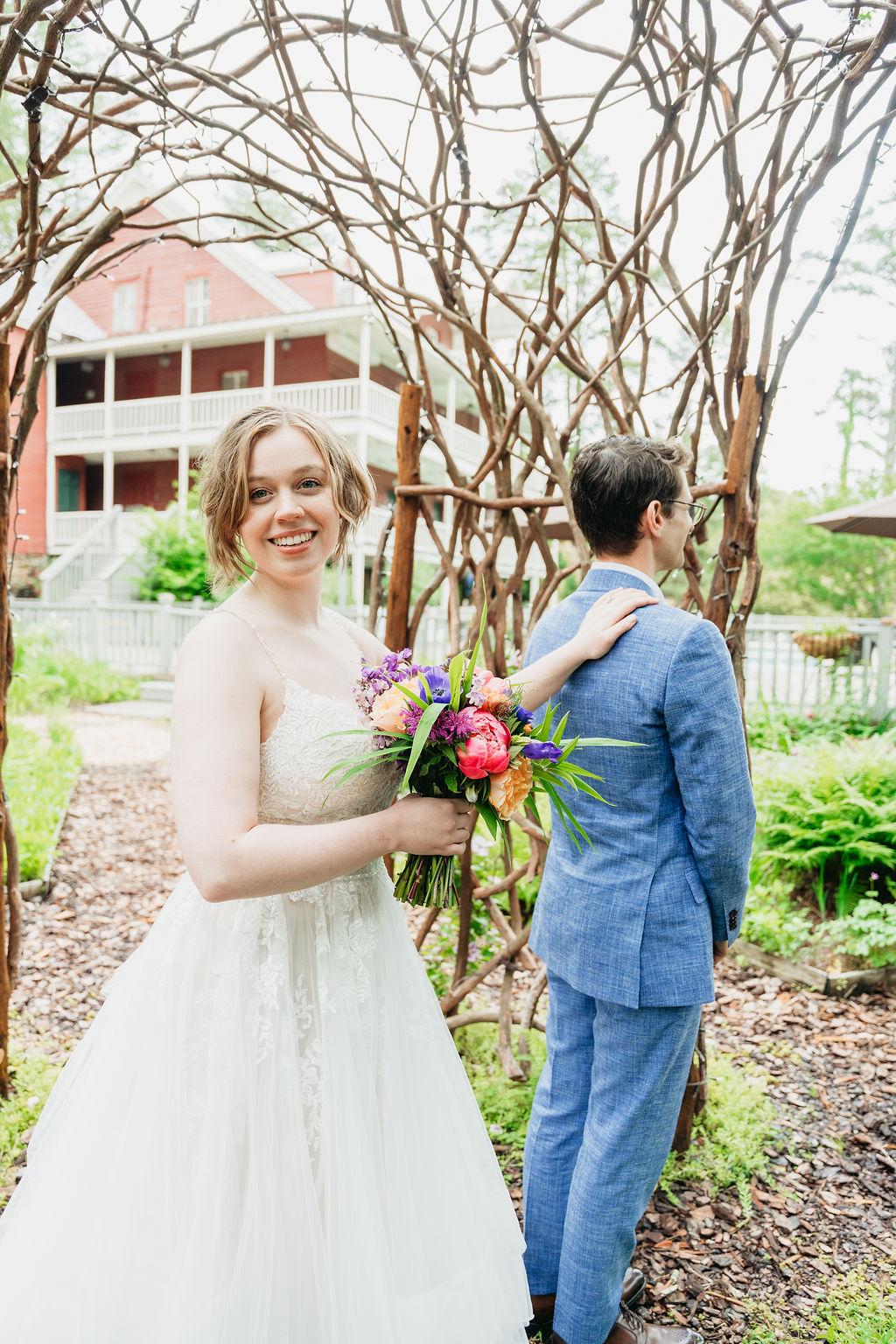 Romantic couple portraits in Glen-Ella Springs garden

