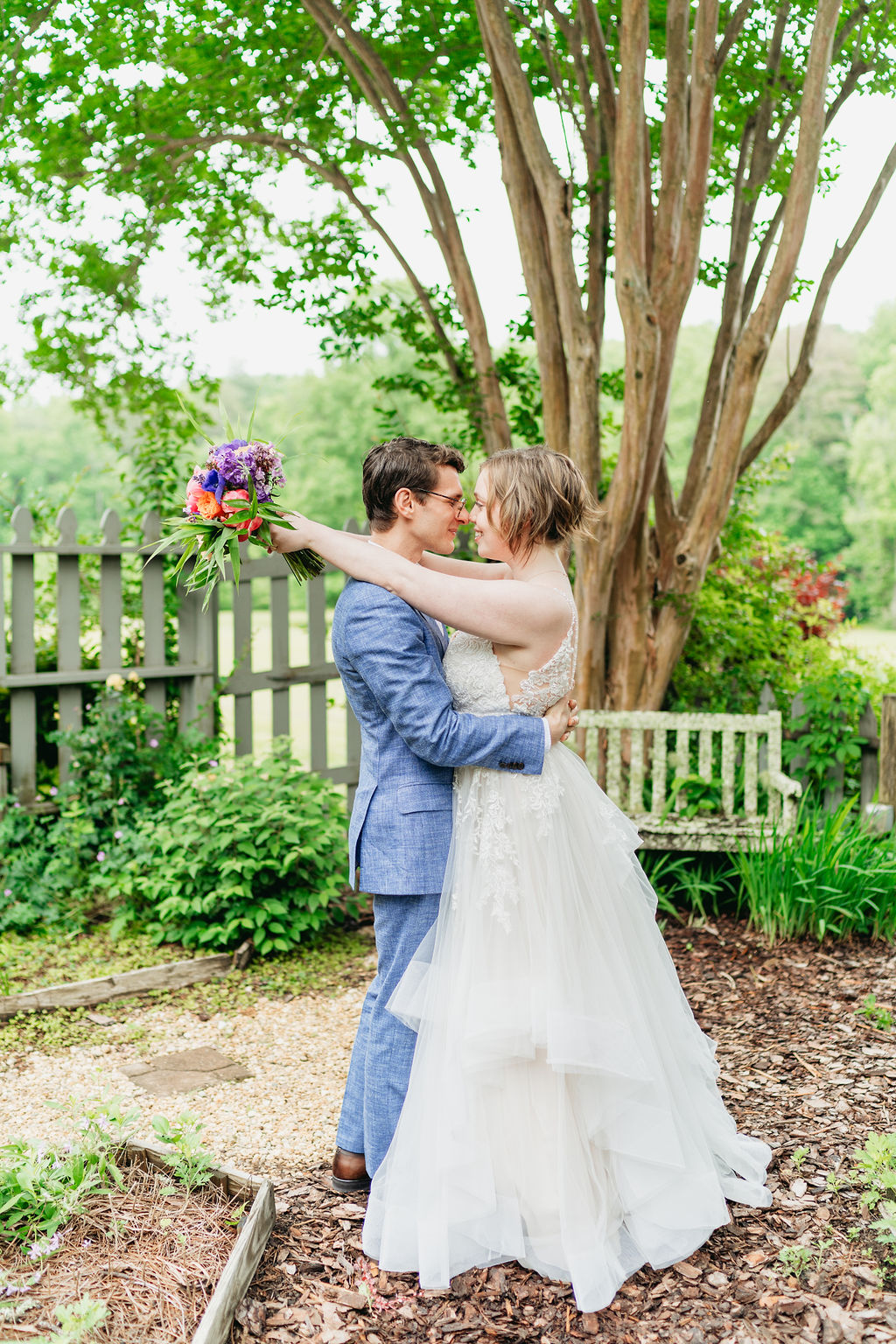 Romantic couple portraits in Glen-Ella Springs garden

